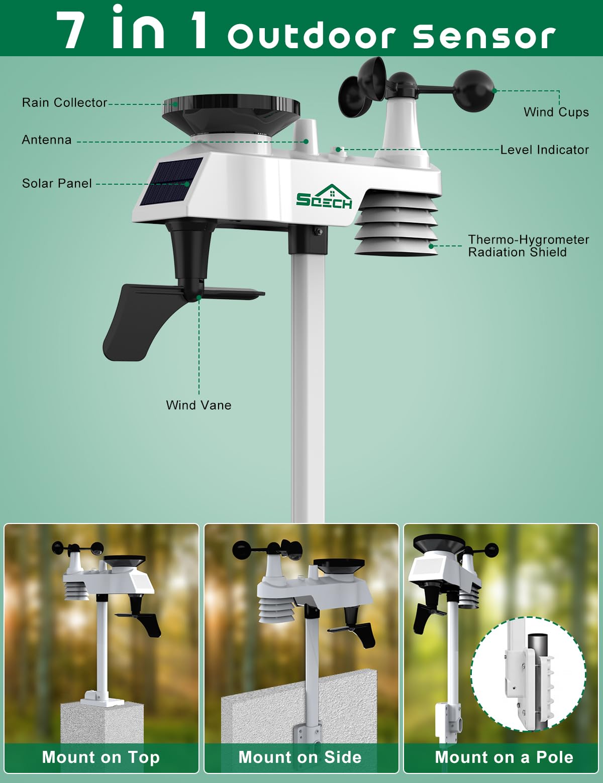 SQECH Weather Station,Weather Stations Wireless Indoor Outdoor with 7-in-1 Outdoor Sensor,Home Weather Station with Weather Forecast,Temp&Humidity,Rain Gauge,Wind,Moon Phase,Calendar,Alarm Clock