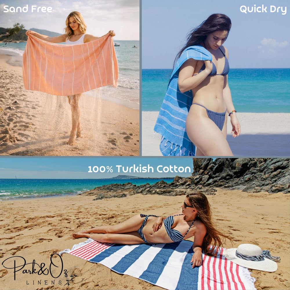 PARK&OZ Turkish Beach Towels 2-Pack – Oversized 100% Cotton Quick-Dry, Sand-Free& Ultra-Absorbent Blanket 72"x40" –Lightweight Travel Towels for Beach, Pool, Spa, Gym, Camping & Home (Pink)