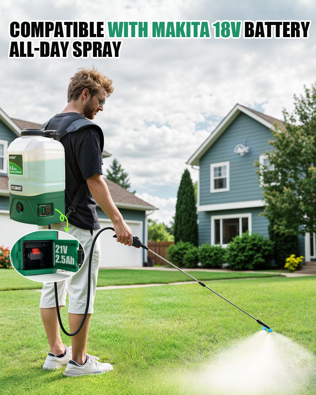 Sylsmart Battery Powered Backpack Sprayer 4 Gallon, 0-100 PSI Strong Electric Sprayer Compatible with Makita 18V Battery, 5 Nozzles, Weed Sprayer for Lawn & Garden, Yard, Fertilizer (Battery Inc)