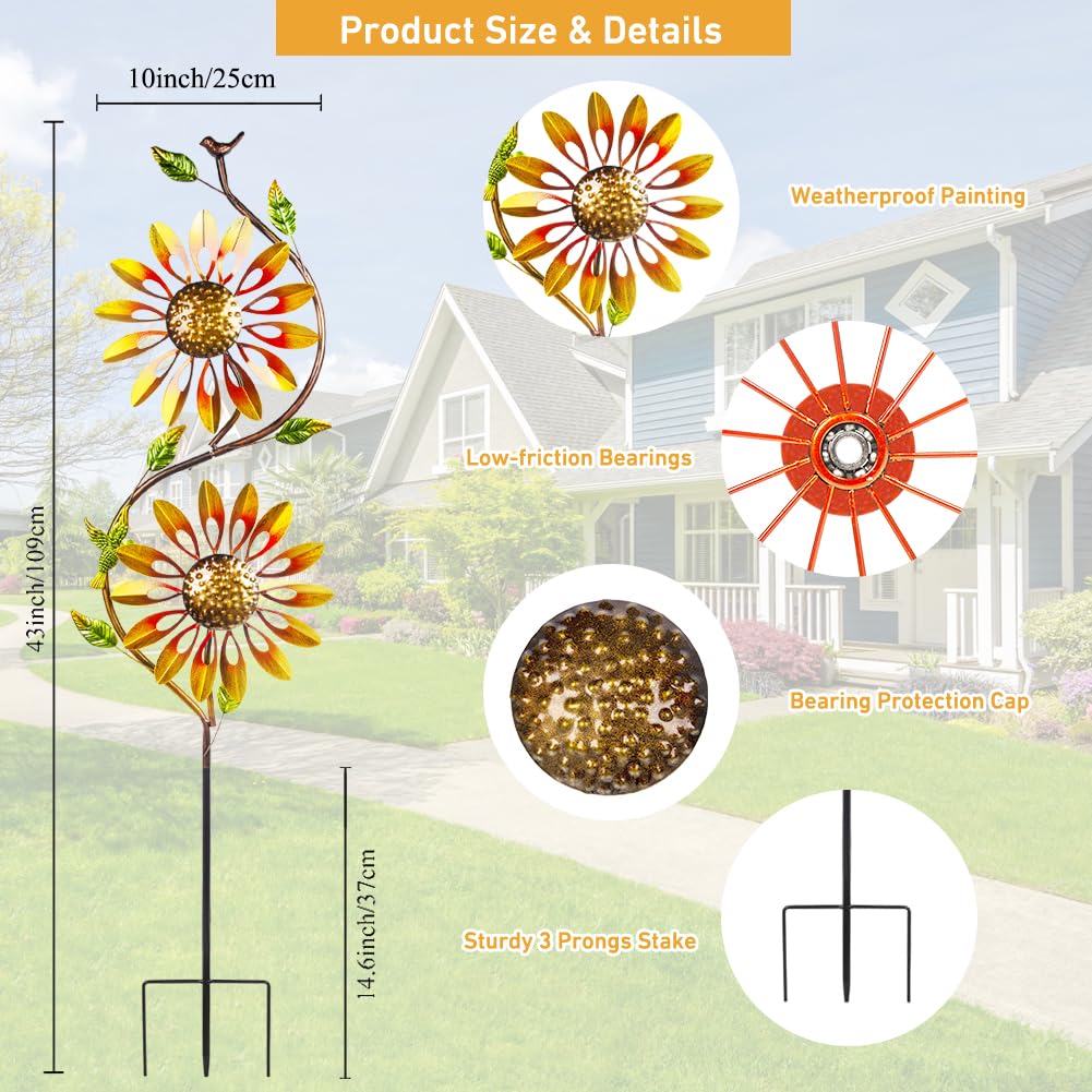 VEWOGARDEN Metal Sunflower Wind Spinners Outdoor Kinetic Wind Spinner with Stakes Yard Art for Garden Lawn Patio Decoration, Yellow