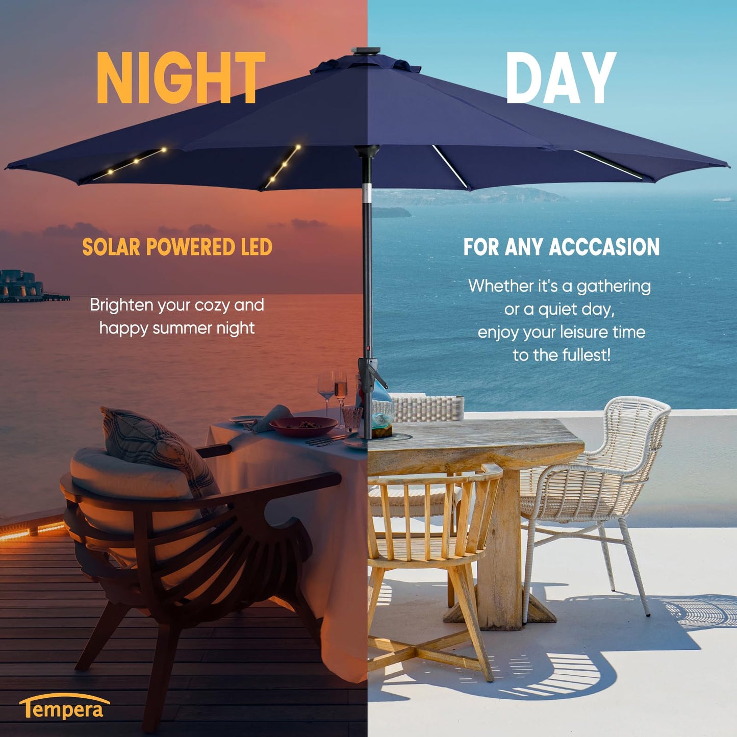 Tempera 10ft Patio LED Umbrella with light | Solar Outdoor Umbrella | Market Table Parasol with Push Button Tilt and Crank, with Sturdy Pole&Fade resistant canopy,Easy to set
