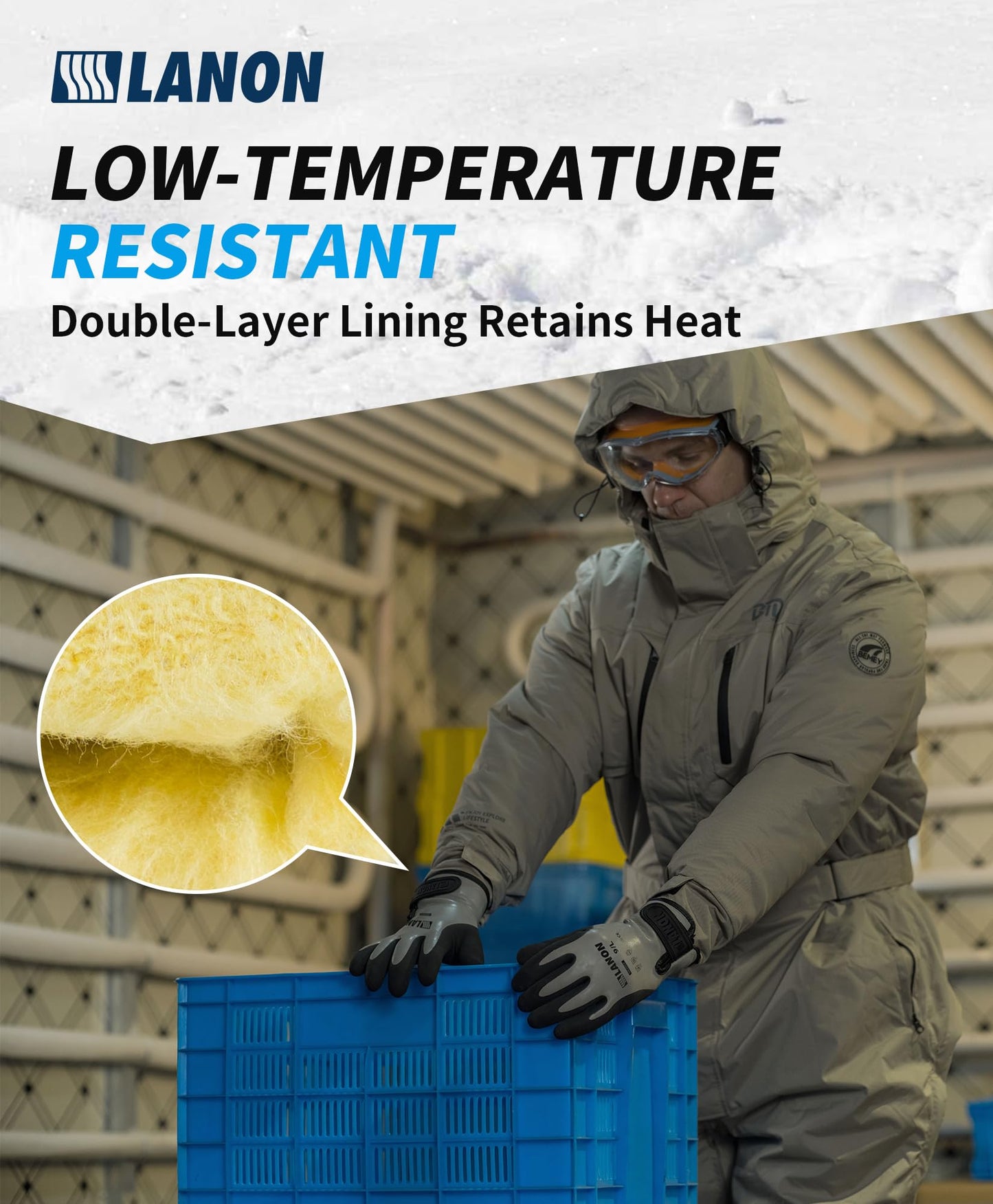 LANON Waterproof Winter Work Gloves, Double Latex Coated, Thermal Insulated Freezer Gloves for Cold Weather, Heavy Duty, Non-Slip Grip, Wrist Closure, Grey,L