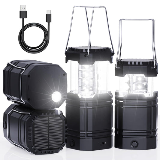 4 Pack Rechargeable Emergency Lanterns for Power Outages, USB-C & Solar Backup, Lantern Flashlight Combo, 1600mAh, 30H Runtime, Compact Hanging Lights for Camping Tent