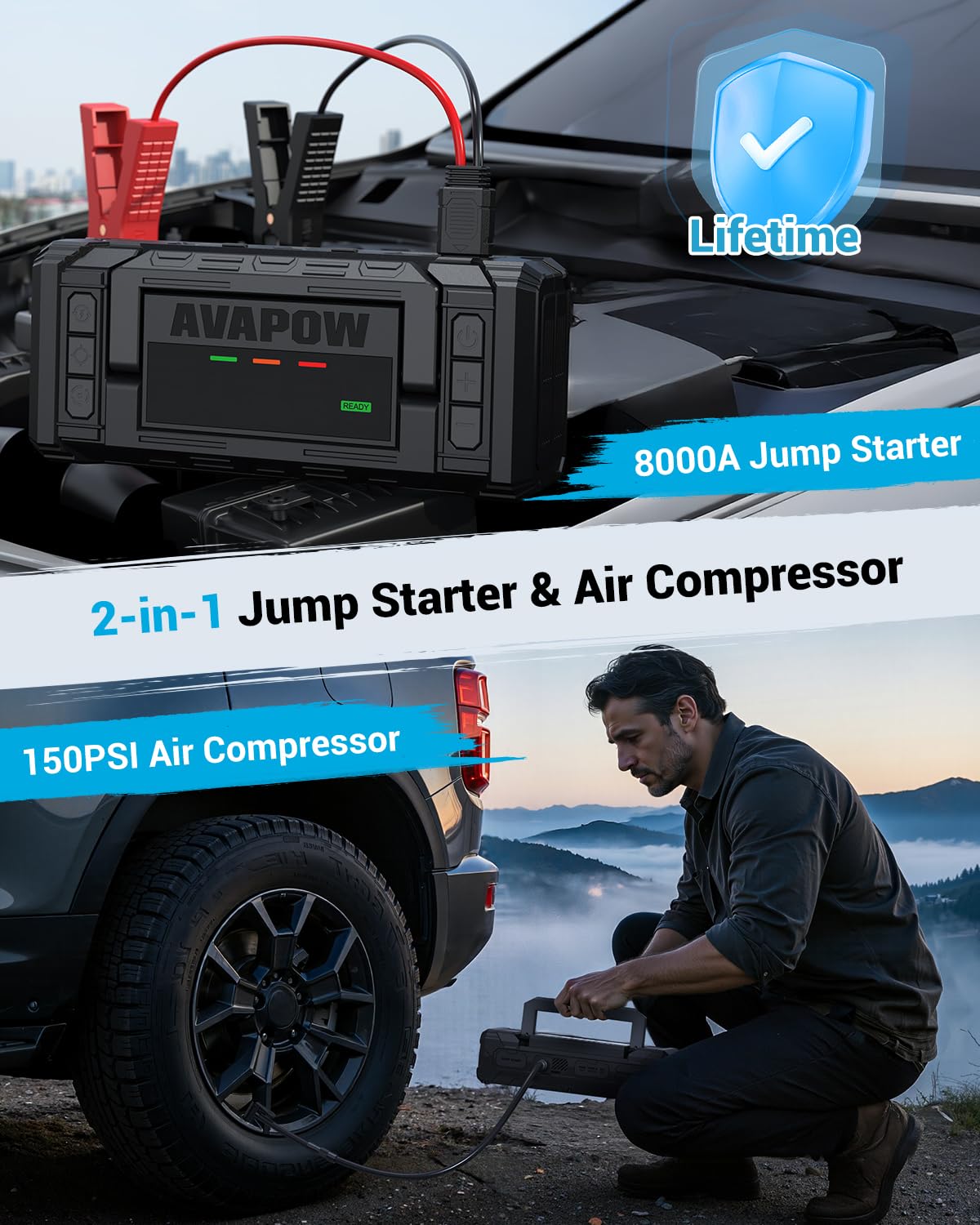 AVAPOW 8000A Jump Starter with Air Compressor, 150PSI 12V Portable Jump Box for All Gas & All Diesel Engines, 30W PD Fast Charging, 4" Smart Display, Heavy Duty Battery Starter with EVA Case