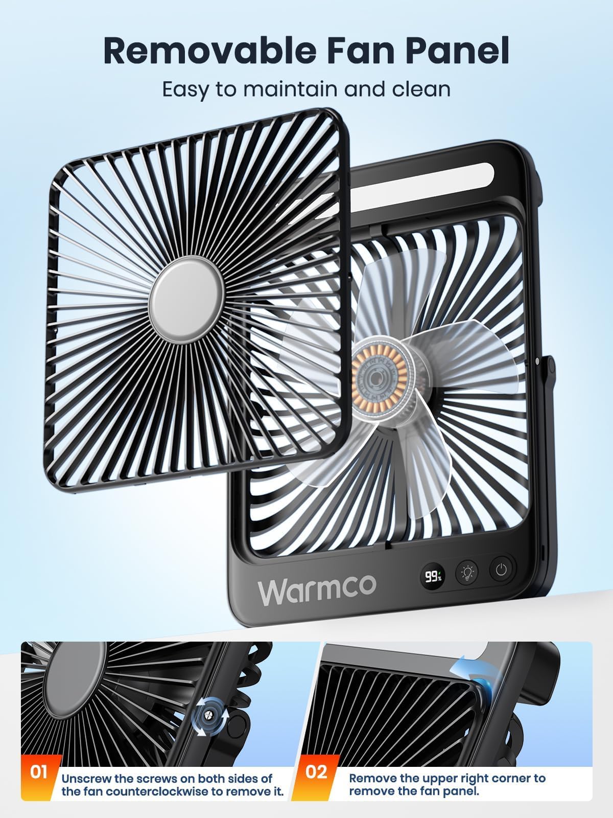 Warmco 20000mAh Battery Powered Fan, Ultra-Slim 8-Inch Portable Camping Fan with LED Lantern, Up to 48H Runtime Rechargeable Desk Fan for Bedroom, Outdoor, Tent, Travel, Cruise Ship Essentials