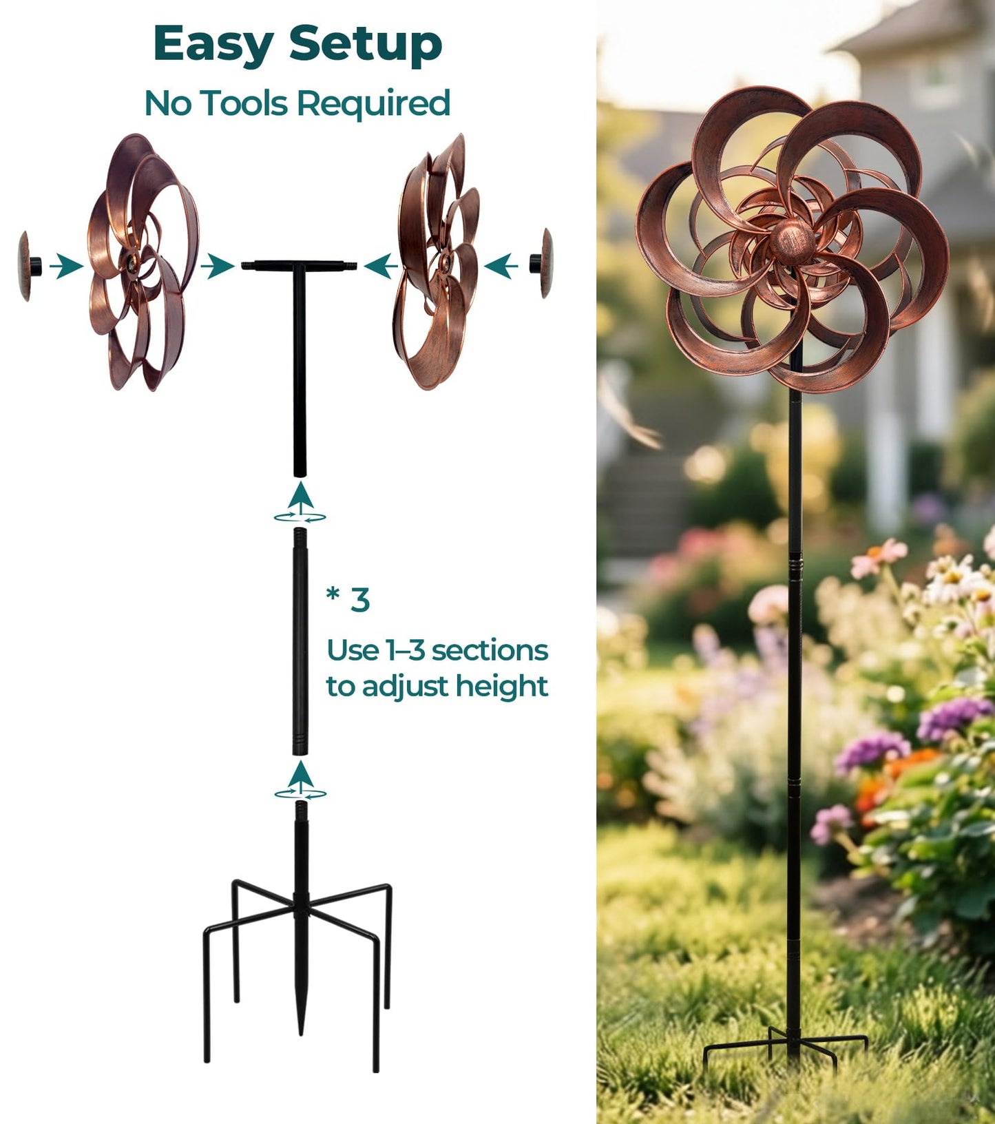 Gronhof 63" Metal Wind Spinner Outdoor, Double-Sided Kinetic Yard Spinner, Smooth Spinning Garden Decor, Stable 5-Prong Stake, Copper Yard Art for Lawn & Patio