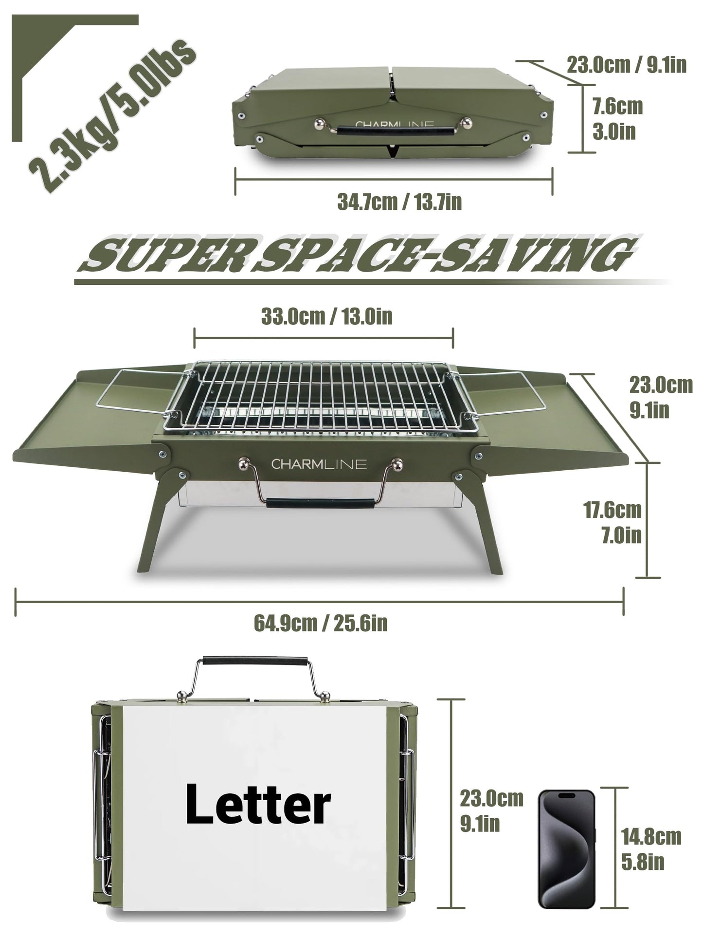 Charmline 14 x 9 inches Portable Charcoal BBQ Grill, Foldable Compact Camping Barbecue for 1–3 People, Ideal for Garden, Beach, Picnic & Tabletop Use, Green