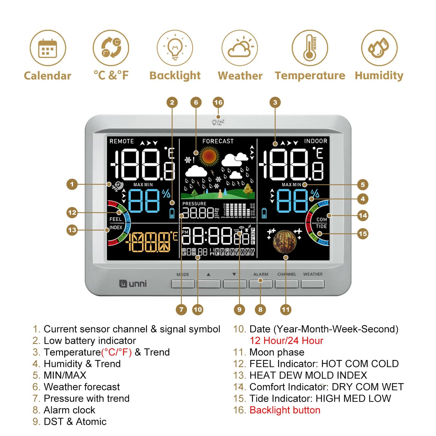 Weather Station Indoor Outdoor Thermometer Wireless, Home Atomic Clock with Large Constant Display, Inside Outside Temperature Humidity Monitor, Dew Heat Point, Barometer Grey