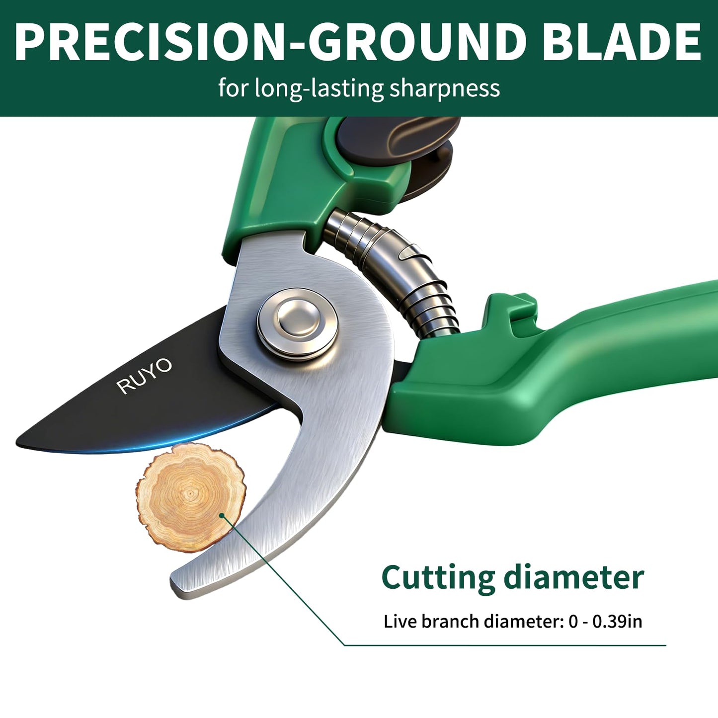 Bypass Pruning Shears, 3/8-Inch Cut Capacity Garden Clippers, Gardening Scissors with Sharp, Rust Resistant Steel Blade (Green, 3/8'')