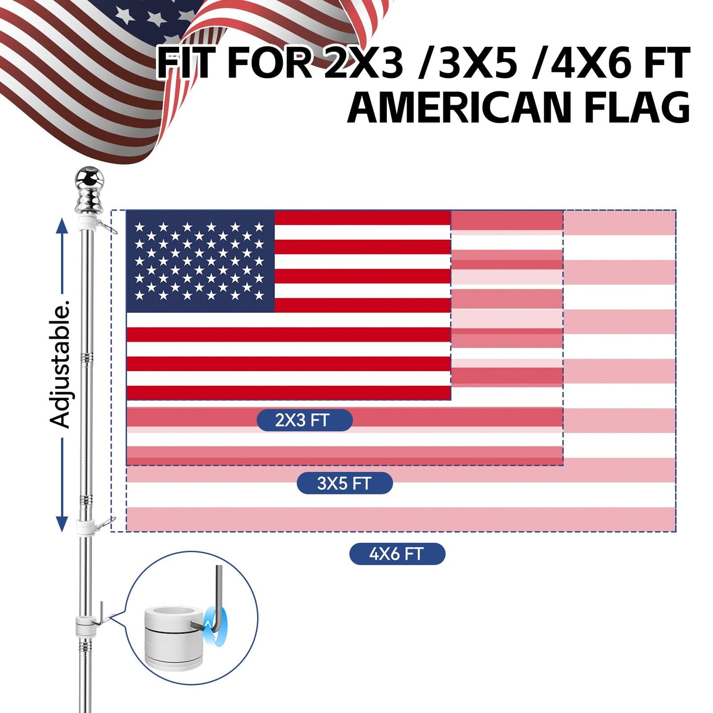 5 FT Flag Pole kit and American Flag 3x5ft with Pole Kit for Outside, Heavy Duty Flag Pole 5FT with 3x5ft American Flag, Stainless Steel Aluminum Multi-Position Flag Pole with Bracket Holder (silver)