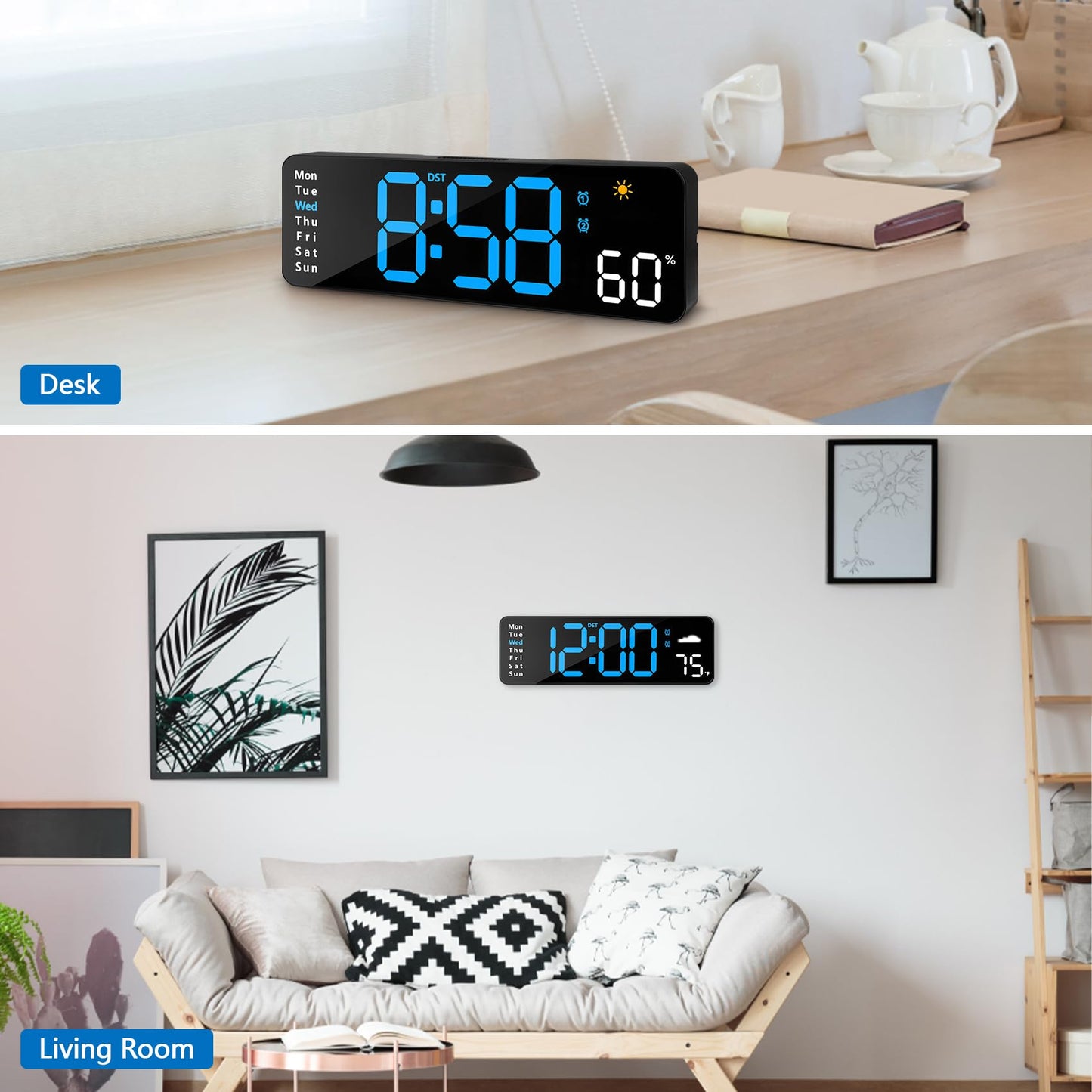 Digital Wall Clock with Remote Control, Large Display Plug in LED Digital Alarm Clocks with 12/24Hr, Date, Week, DST, Timing, Countdown, Temperature for Living Room, Bedroom, Office Wall Decor (Blue)