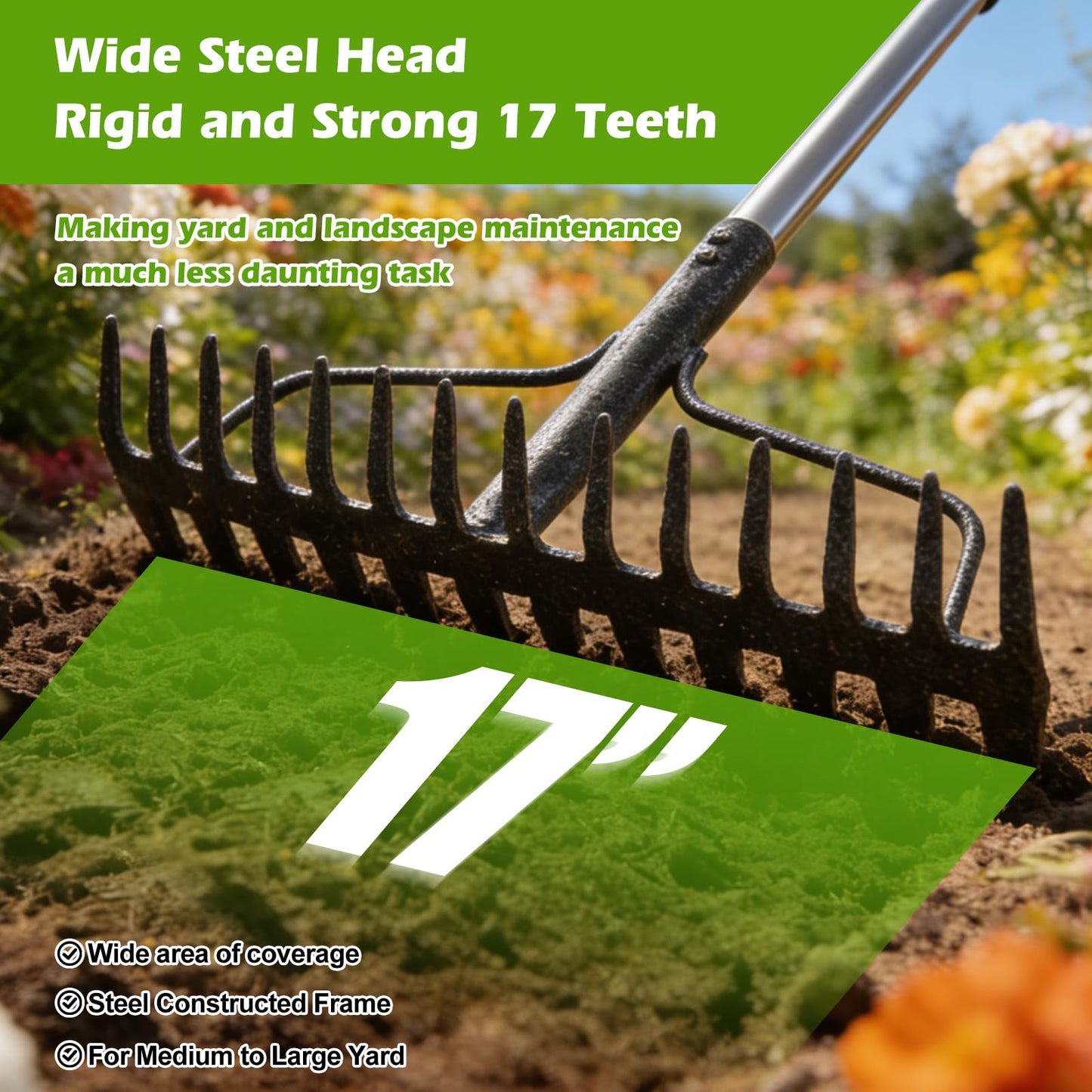 63" Bow Rake,Heavy Duty Metal Garden Rake for Moving Gravel Loosening Soil Leveling Ground Gathering Leaf Debris Spreading Mulch, 17 Tines,Adjustable Handle, for Lawn Garden Farm Landscape Work