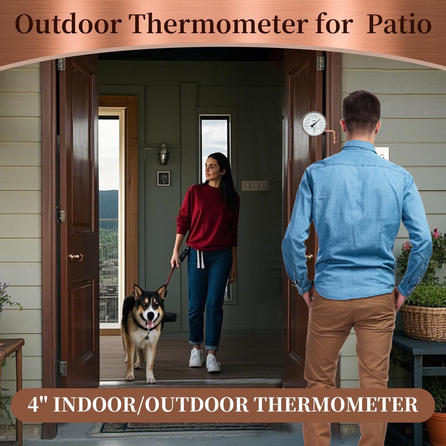 Dunuo 4" Brass Outdoor Thermometer with Humidity, Analog Wall Mount Temperature Gauge, Decorative for Patio, Garage, House, Greenhouse, Window, Antique Bronze, No Battery