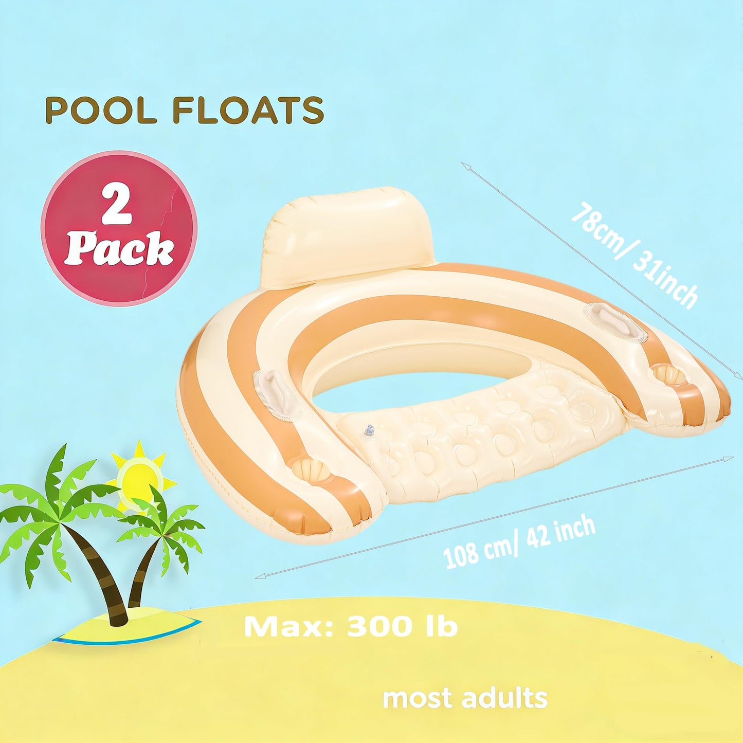 Pool Floats Chairs， Adult Inflatable Pool Lounge， Sit in Float Inflatable Pool Float Pool Lounge with Heavy-Duty Handles – 300lb Weight Capacity -Blue (Pink-Orange)