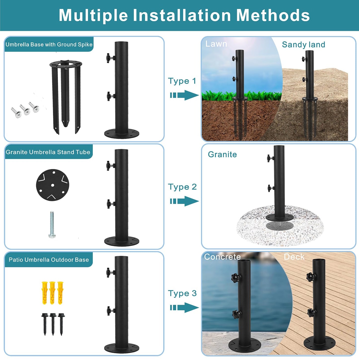 Wdwlbsm Patio Umbrella Base Stands, 3 in 1 Multifunctional Outdoor Umbrella Holder, In Ground Umbrella Base with Ground Spike Fixing,Parasol Base Mount for Concrete,Lawns,Granite