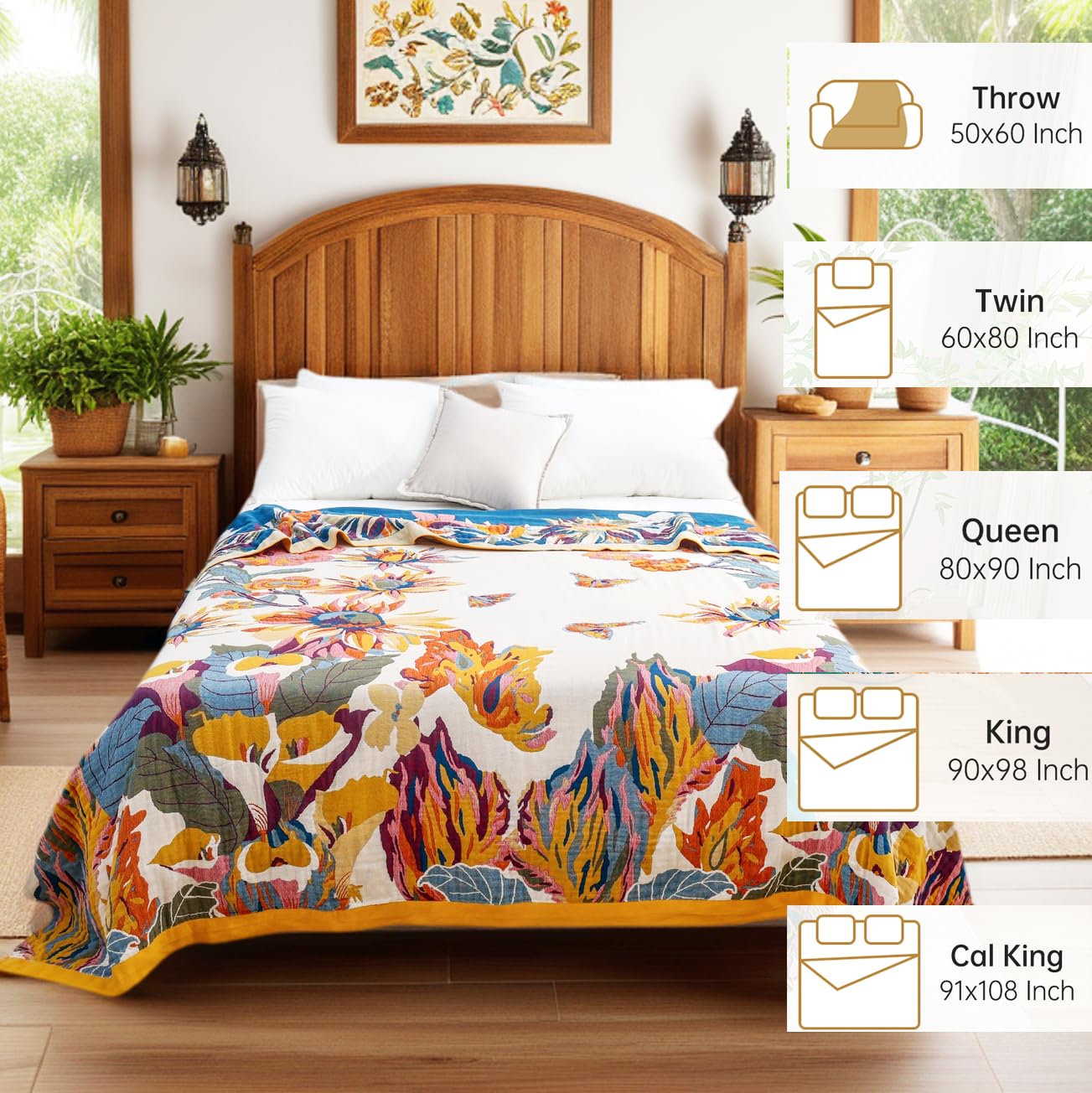 VANJOROY Boho Throw Blanket 60" x 80", 100% Organic Cotton Skin-Friendly Lightweight Ultra Soft Bed Quilt Throw - Spring Floral Butterfly Farmhouse Decor Blanket for Sofa Couch Chair and Gift.