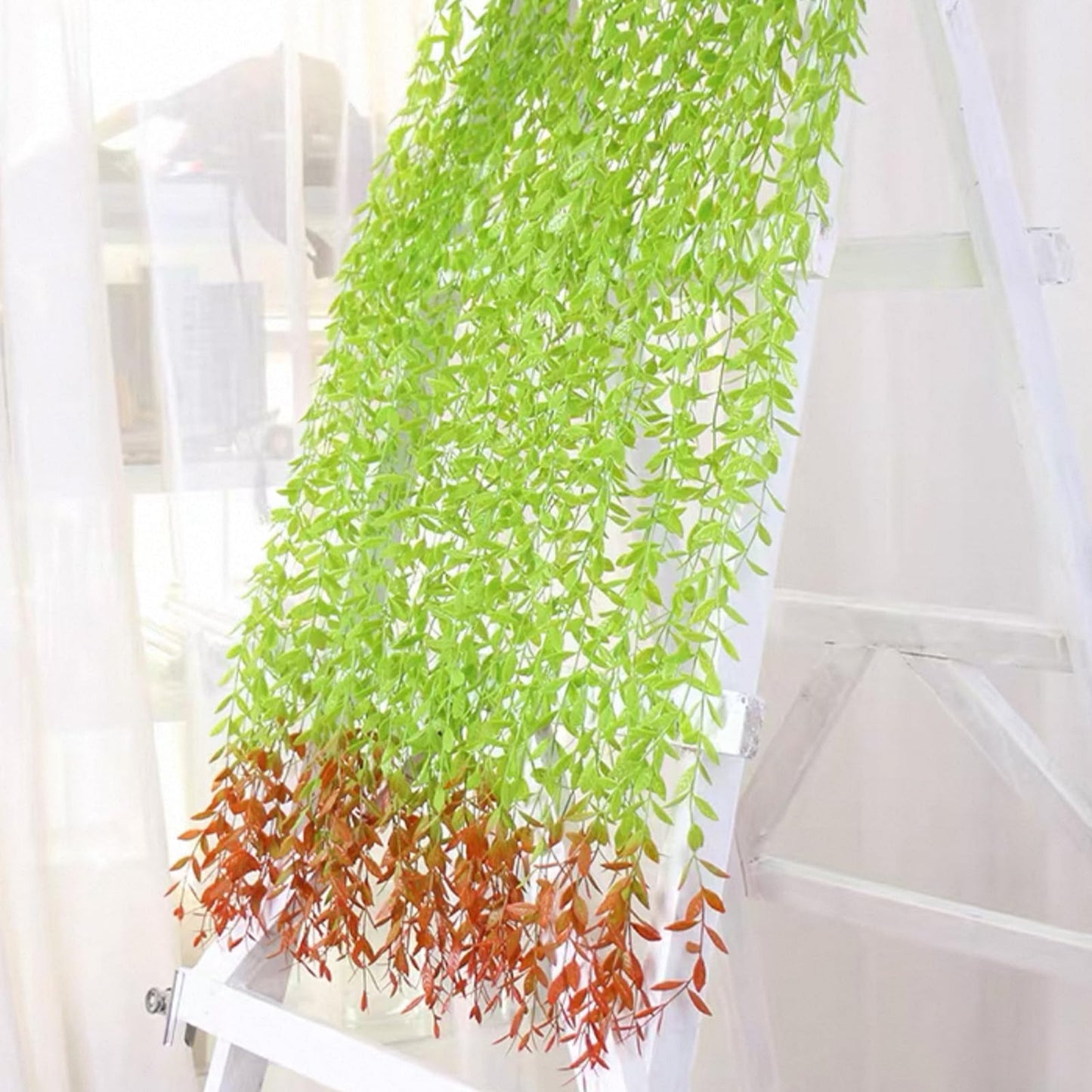 AQUGOO 5 Pcs Artificial Green Leaves Vines,Hanging Plants,Fake Vines Plastic Ivy,Wedding Wreaths, Indoor and Outdoor, Garden,Ladder Stand Decorations (Red-Tailed)