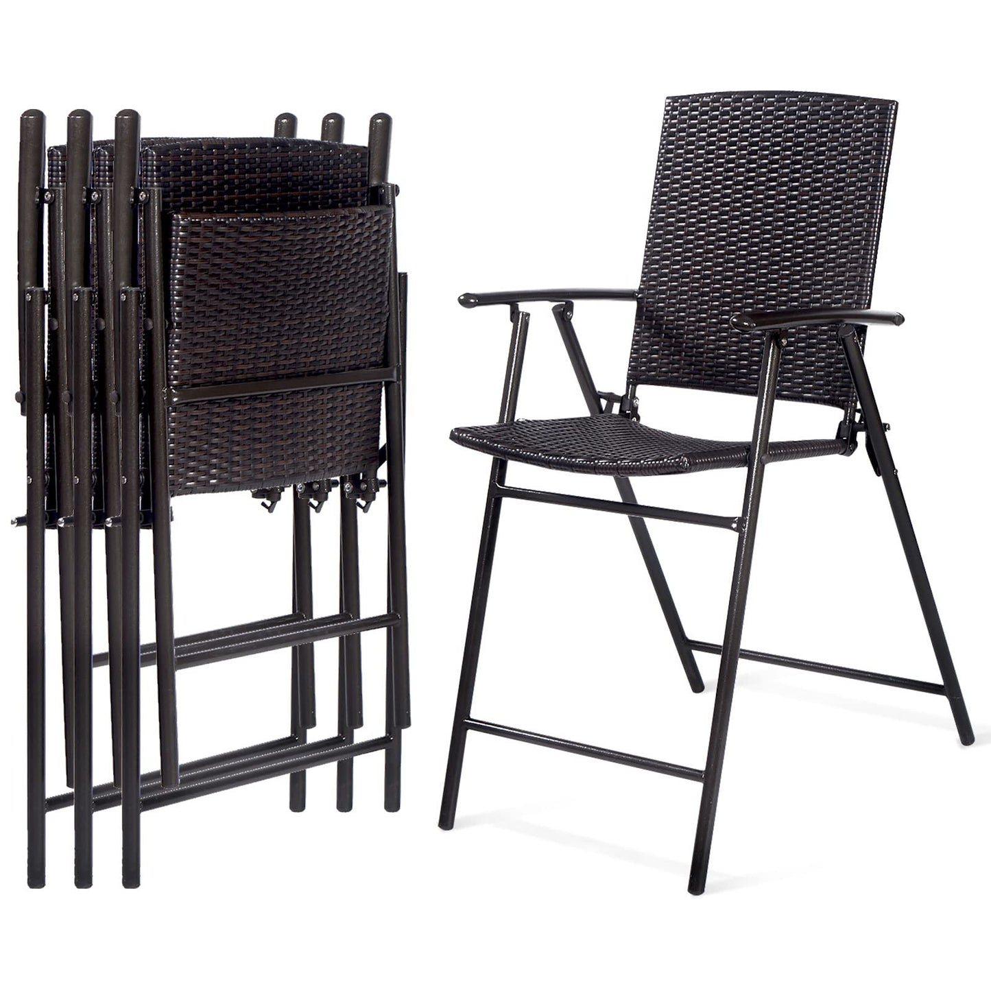 LUARANE Folding 4 Pieces Wicker Rattan Chairs, Tall Bar Stool Set with Back Steel Frame Footrest Armrest, Weather-resistant Comfortable Chairs for Outdoor Indoor Garden Patio Furniture Set, Brown