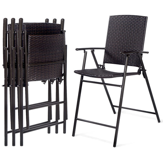 LUARANE Folding 4 Pieces Wicker Rattan Chairs, Tall Bar Stool Set with Back Steel Frame Footrest Armrest, Weather-resistant Comfortable Chairs for Outdoor Indoor Garden Patio Furniture Set, Brown