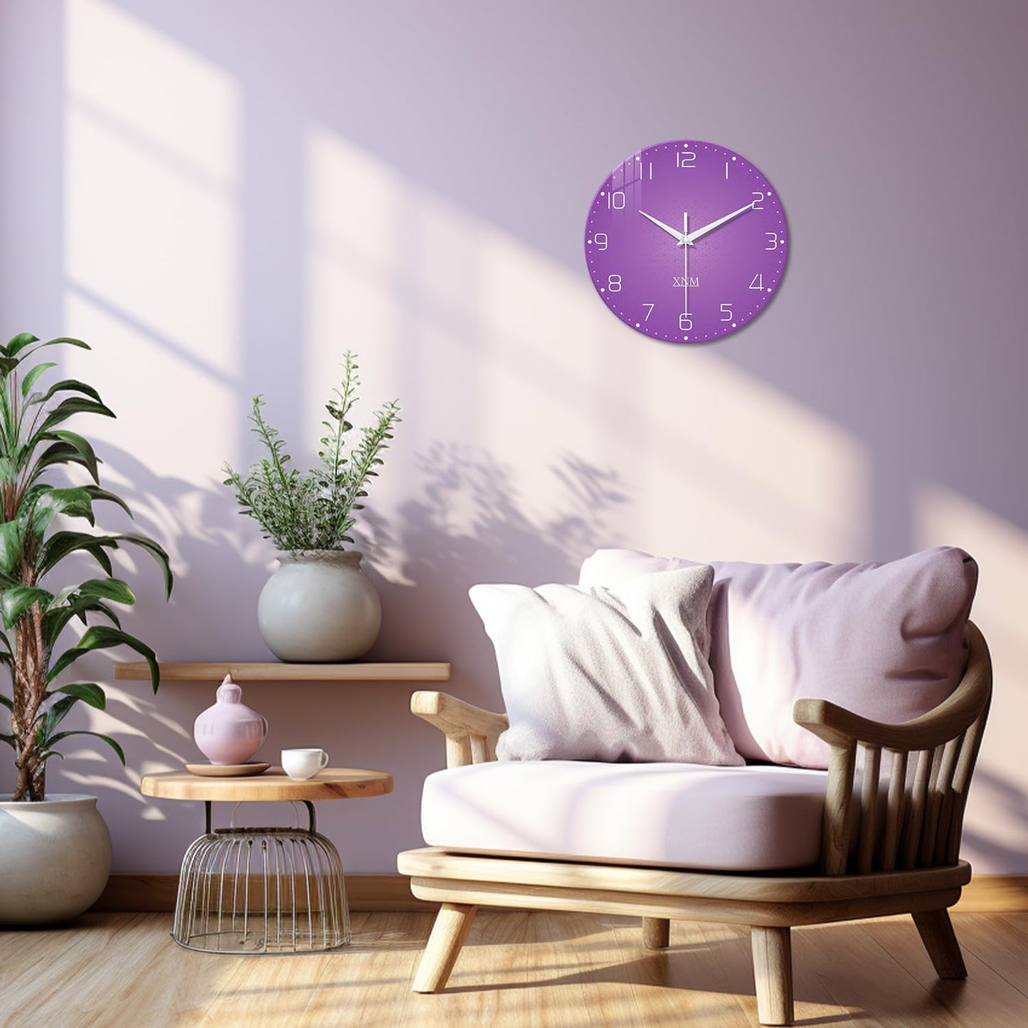 XNM Large Wall Clock for Girls Room 20 Inch Purple Clock Battery Operated Glass Minimalist Quiet Wall Clock Modern