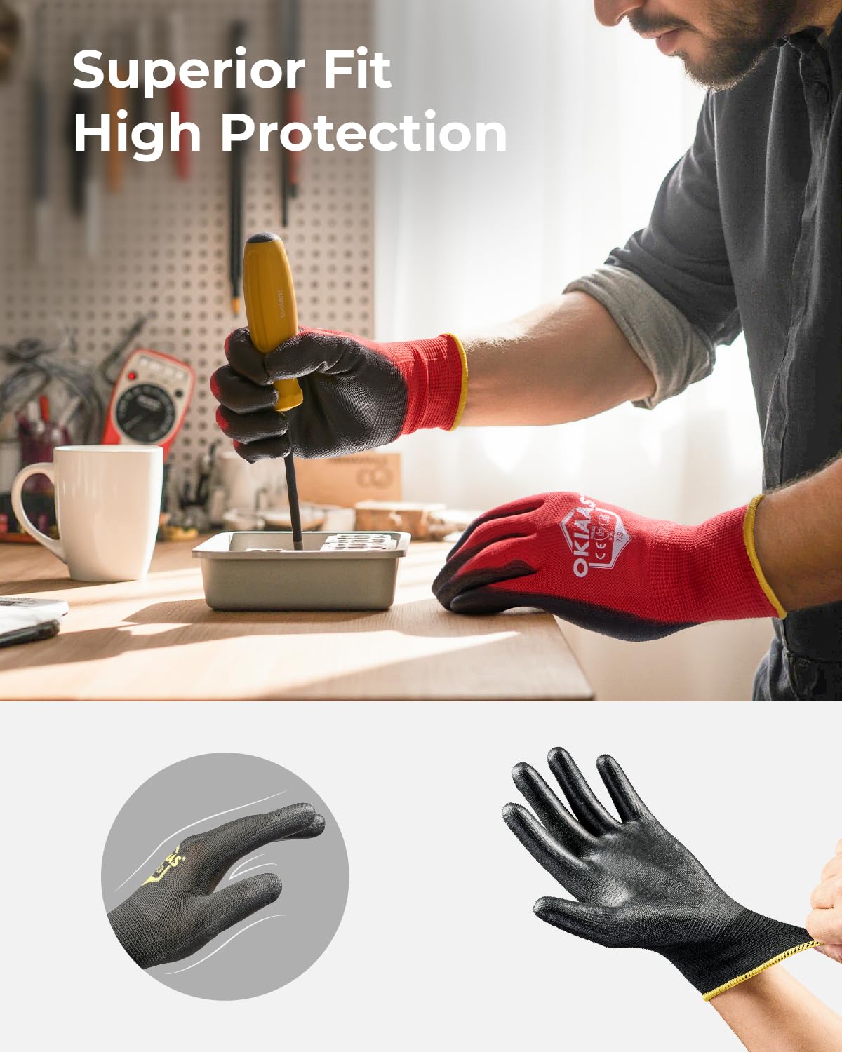 OKIAAS Work Gloves for Men, Ultra Thin and Lightweight with Grip, 12 Pairs Bulk Pack Construction Gloves with Polyurethane Coating, Safety Gloves for Light Duty Work (Green, Medium)