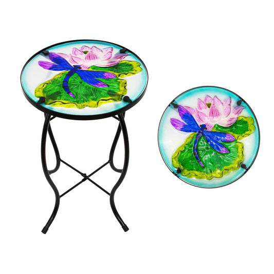 Weibefee Lotus-Leaf Dragonfly Small Patio Table,Outdoor Side Bar Table, 10 Inch Metal Glass End Table for Porch Garden Yard Pool Living Room Mother's Day Decor, Mother's Day Decoration Gift