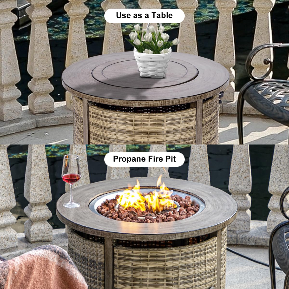 OutVue 32 inch Propane Fire Pit Table,Wicker Gas Fire Pits Table with Lid & Lava Rocks, 50000 BTU Round Propane Firepit for Outside, Fire Table for Dining,Party, Patio,Yard