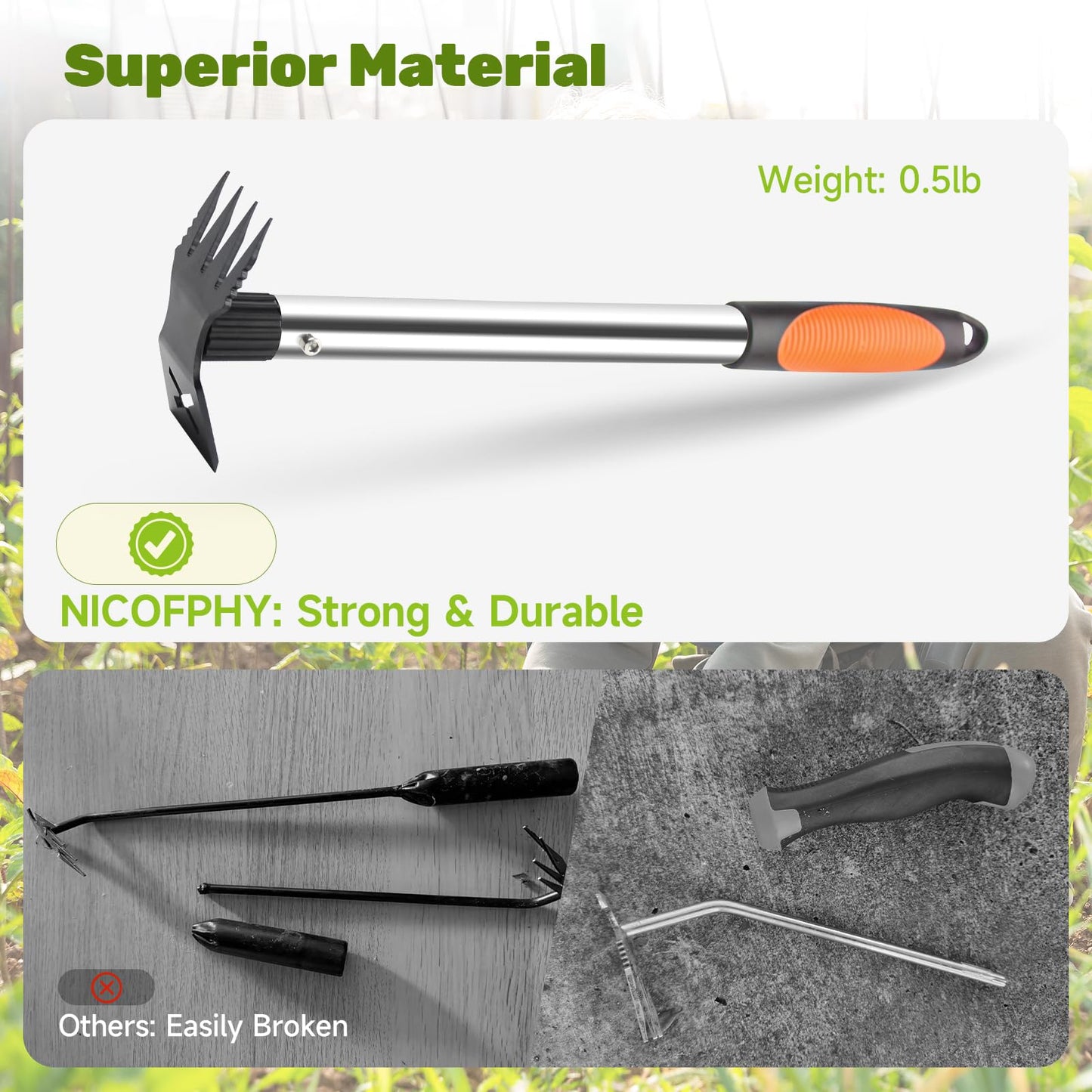 60" Weed Puller Tool with Long Handle and 17" Weeding Tools Gardening Set, Dual Side Hand Weed Rake and Hoe Garden Weeder, Uprooting Weed Pulling Remover Tool for Yard, Patio, Lawn and Garden Planting