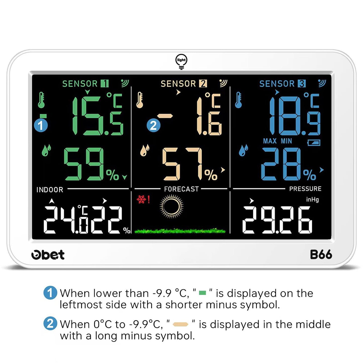 OBET Weather Station Wireless Indoor Outdoor Thermometer with 3 Sensors, Temperature Humidity Monitor with Alerts 500ft Range and 3 Adjustable Brightness White