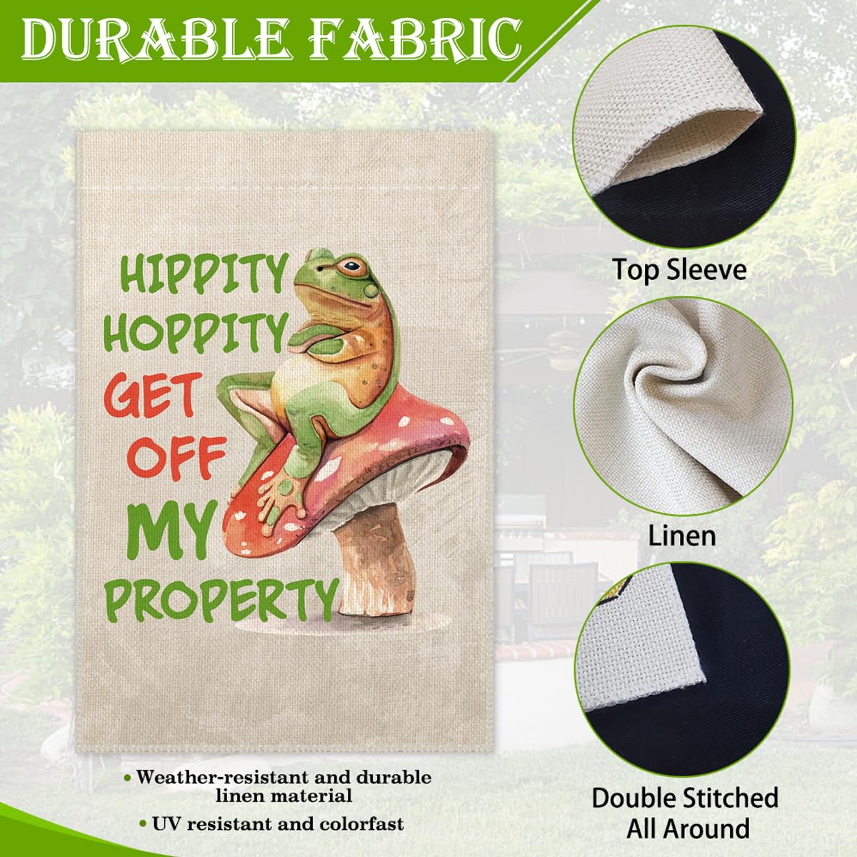 Hafhue Hippity Hoppity Get Off My Property Welcome Garden Flag, Funny Frog Outdoor Farmhouse Decoration 12x18 Inch Waterproof Double Sided Printing, No Trespassing Sign for Bedroom Yard Garage Bar