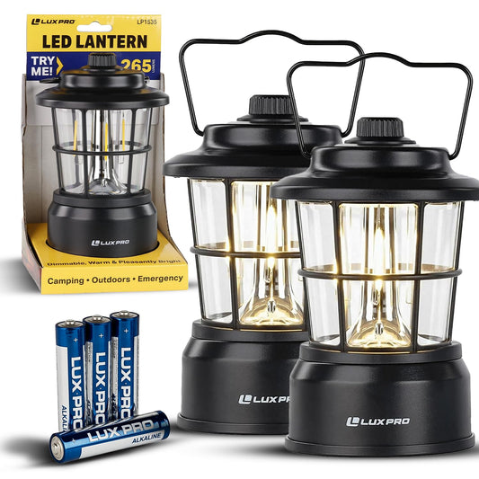 LUXPRO Retro LED Lantern - Battery-Powered Emergency Lantern - Water Resistant - Bright LED Lamp for Indoor & Outdoor Use - Use for Tents, Hiking or Hurricane Prep (Black, Pack of 2)