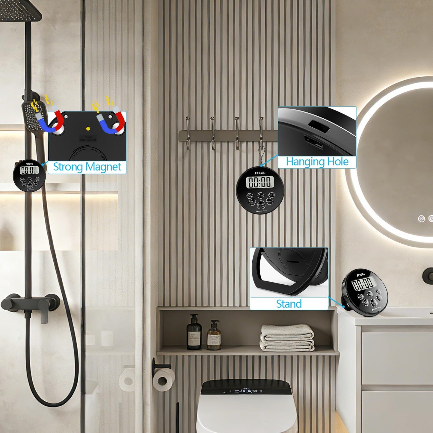 FCXJTU Digital Waterproof Shower Clock Timer, Bathroom Shower Countdown Timer with Alarm, Magnetic Back, Stand for Kitchen Cooking Dark Black