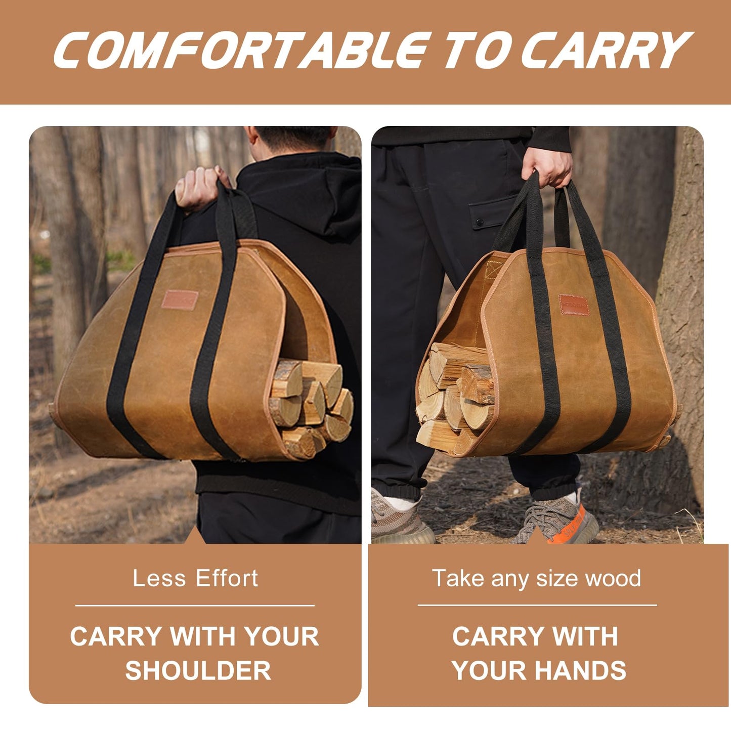 G GOOD GAIN Firewood Carrier Waxed Canvas with Handles, Wood Carrier for Firewood, 39x18 Inch Heavy Duty Firewood Storage Tote, Fireplace Log Carrier Indoor Bag, Wood Stove Accessories. Rust