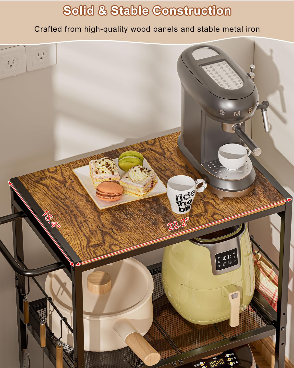 Feyejade Microwave Cart with Adjustable Shelves 3-Tier, Rolling Kitchen Cart with Push Handle, Microwave Stand with Storage, Small Utility Cart with Drawer Slider Shelf for Kitchen, Living Room