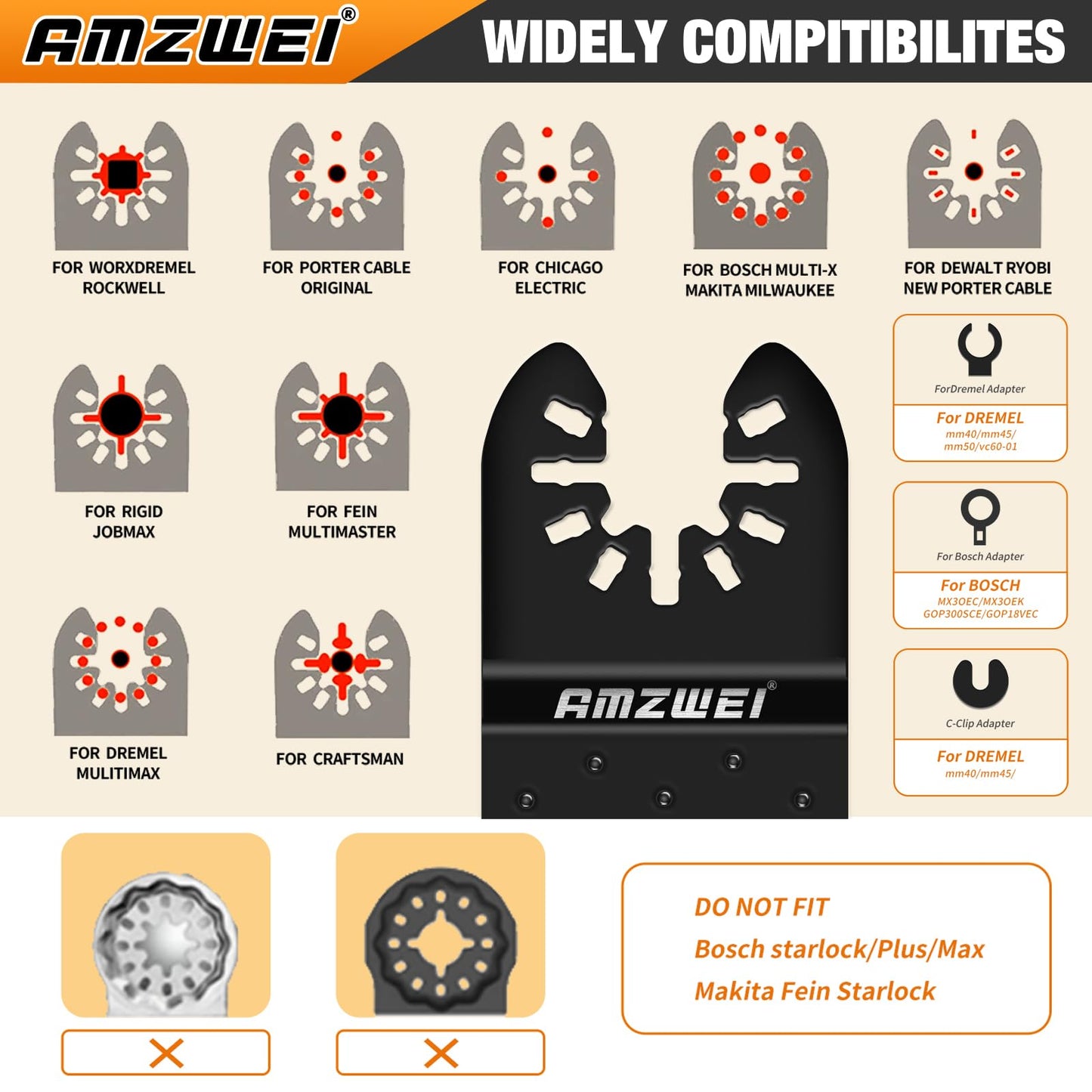 AMZWEI 190 Metal Wood Oscillating Tool Blade, Titanium Oscillating Saw Blades with Sandpaper, Quick Release Multi Tool Blades Kits Compatible with Dewalt Ryobi Milwaukee Rockwell Fein Makita