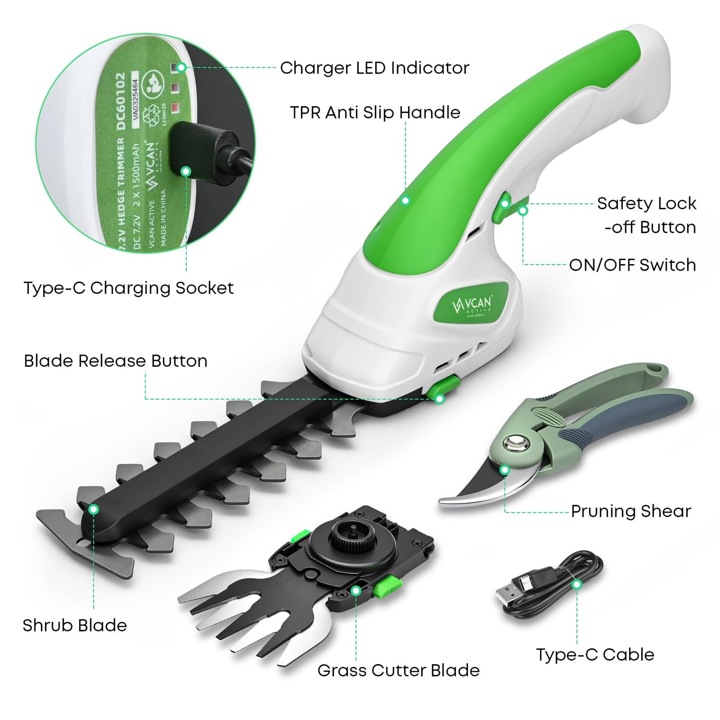 7.2V Hedge Trimmer Cordless | 2-in-1 Handheld Electric Shrub Trimmer & Grass Shear with Pruning Shears | 3.0Ah Lightweight Rechargeable Battery Powered for Garden, Yard, Lawn