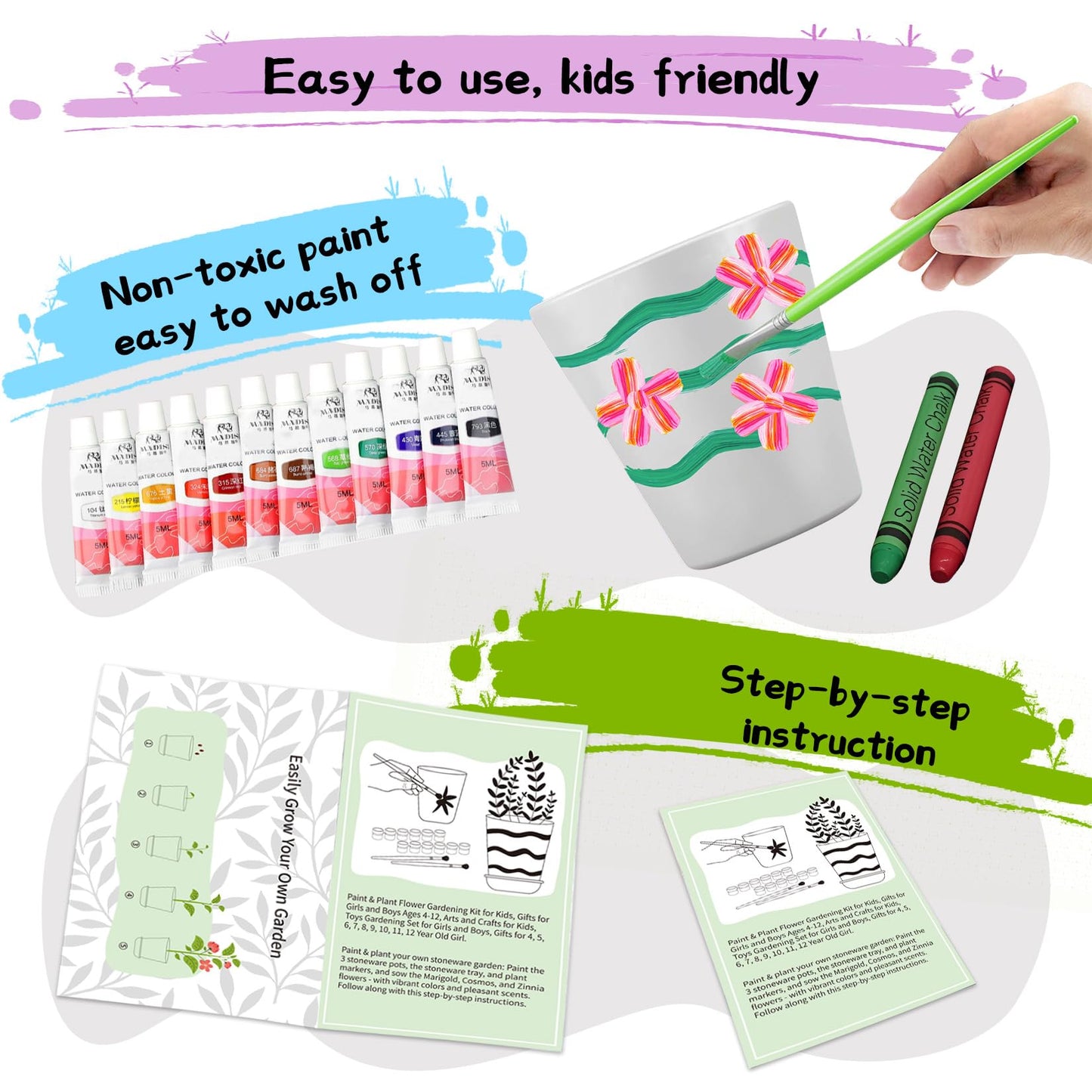 Paint & Plant Children’s Gardening Kit for Girls Boys Toys Garden Flower Gardening Gift for Kids Flower Pots Seeds Art Craft Grow Garden Planting Set for Kids Age 4 5 6 7 8 9 10 11 12 13 14 Years Old