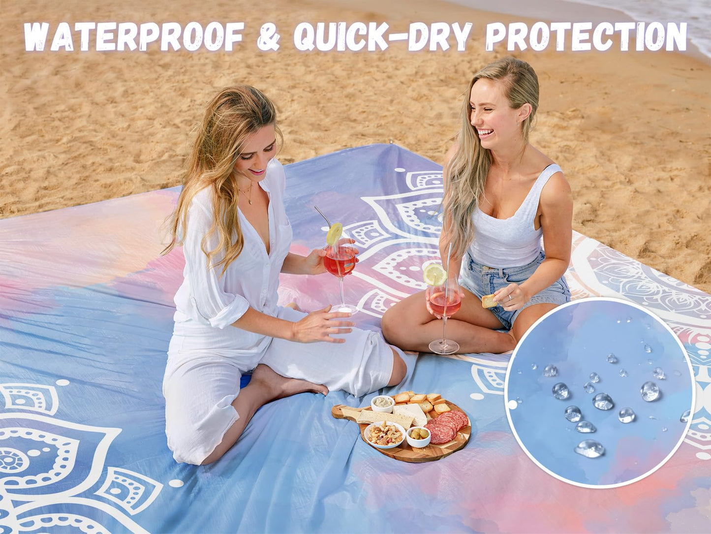 AlphaBeing Beach Blanket Waterproof Sandproof, Extra Large Beach Mat for 1–8 Adults, Oversized Picnic Blanket with 4 Stakes & Storage Bag, Essential Beach Gear for Travel (Mandala, 120“×108”)