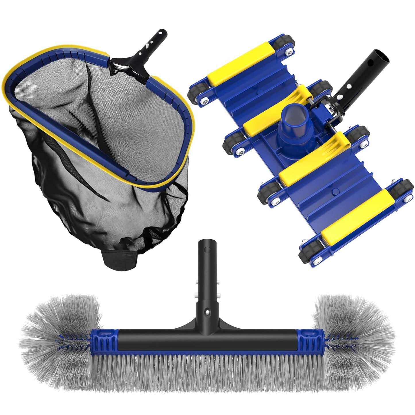 Poolvio Deluxe Swimming Pool Cleaning Kit Including Skimmer Net, 2-in-1 Pool Brush & Weighted Vacuum Head with Wheels for Above Ground & Inground Pools (No Pole)