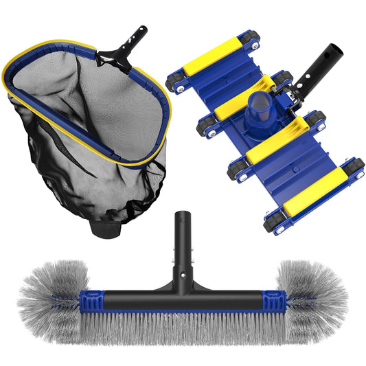 Poolvio Deluxe Swimming Pool Cleaning Kit Including Skimmer Net, 2-in-1 Pool Brush & Weighted Vacuum Head with Wheels for Above Ground & Inground Pools (No Pole)