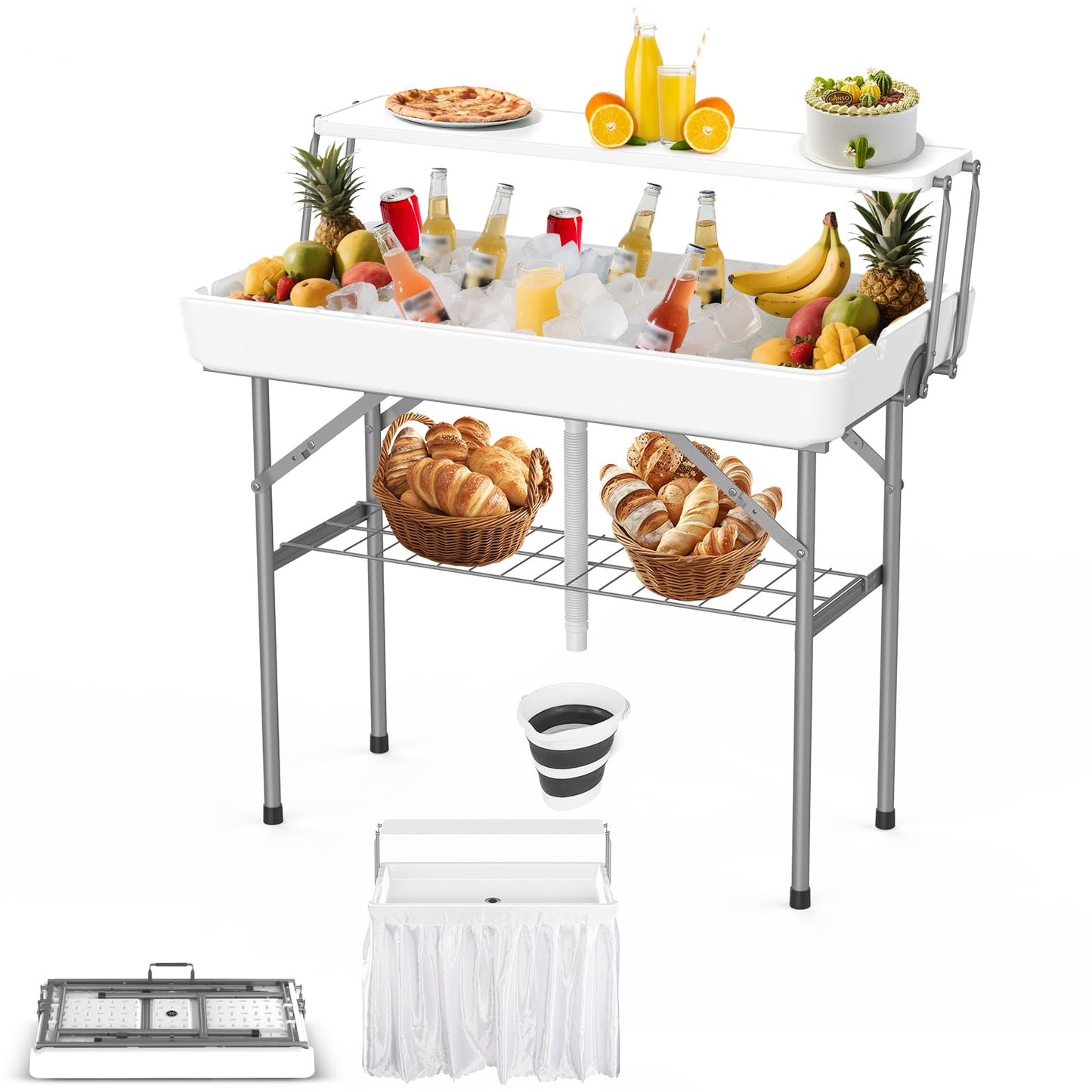 HLPB 4 FT Party Ice Cooler Folding Table with Folding Board, Outdoor ice Table with Skirt & Drain & Folded Buckets & Barbed Wire, Portable Foldable Bar Table for Party, BBQ, Camping, Picnic, White