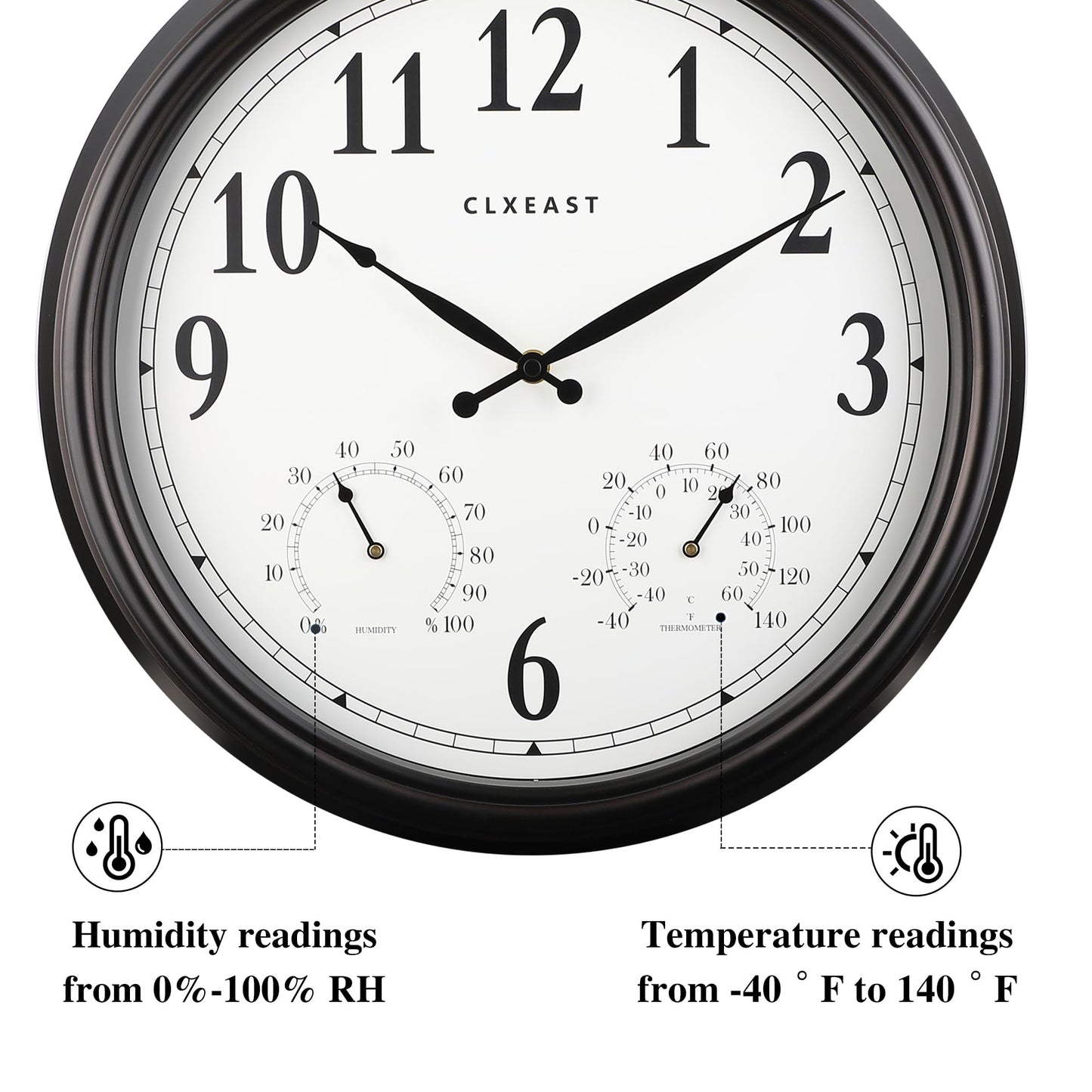 CLXEAST Outdoor Clocks for Patio Large Waterproof with Thermometer,18 inch Outdoor Wall Clock with Temperature and Humidity Combo,Weatherproof,Oil Rubbed Bronze,Spring Garden Decor