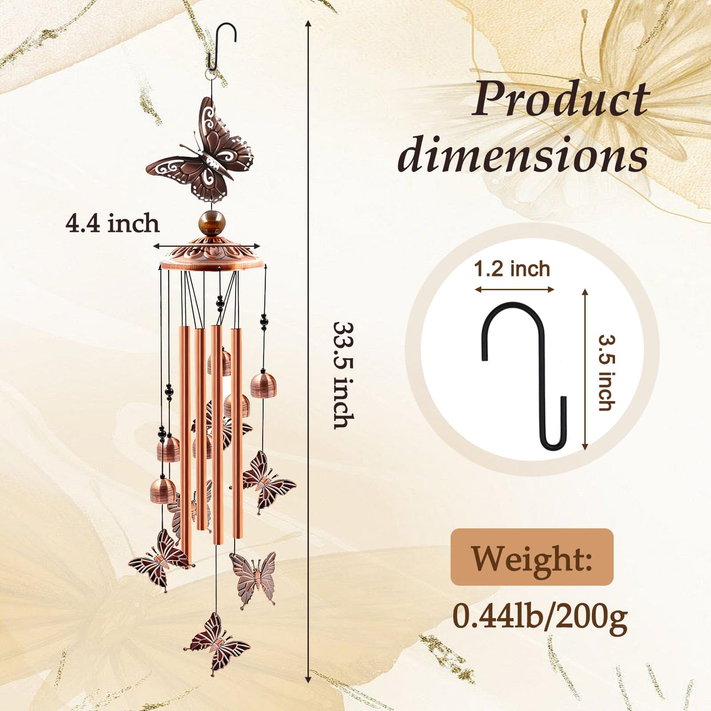Wind Chimes for Outside, Butterflies Aluminum Tube Wind Chimes with S Hook, Patio Porch Garden Decor, Housewarming Gift for Mother’s Day Women Mom Grandma Sister