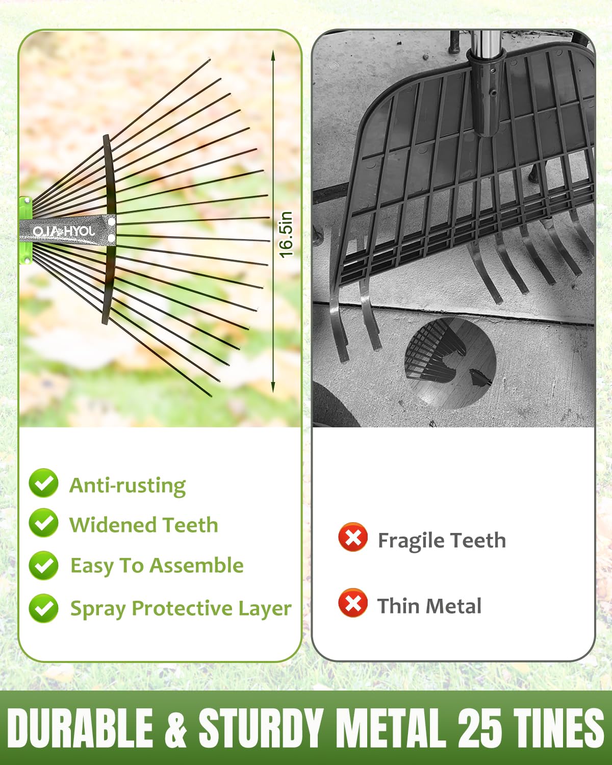 Joyhalo 63.4 Inch Rake for Leaves with 40 Gallon Dustpan-Typ Leaf Bags, Adjustable 18 Tines Metal Leaf Rake Set for Gardening Lawns Yard Outdoor Camping Shrub Grass Bush Grass Clippings