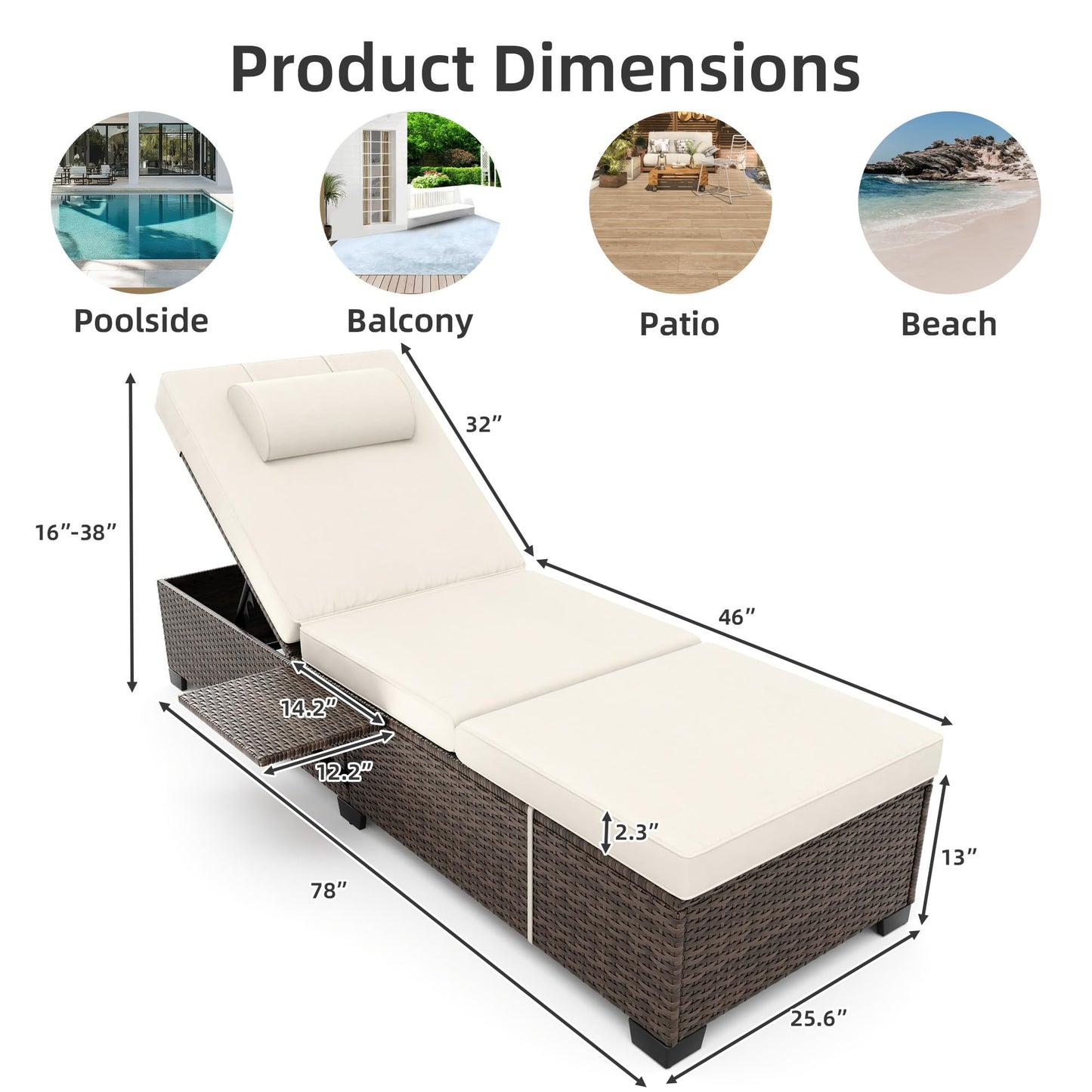 Pool Lounge Chairs Outdoor Set of 2, PE Wicker Rattan Chaise Lounge Chair with 5-Position Adjustable Backrest, 2 Pieces Outdoor Lounge Chair Recliner with Cushions for Patio Beach Deck Backyard, Beige