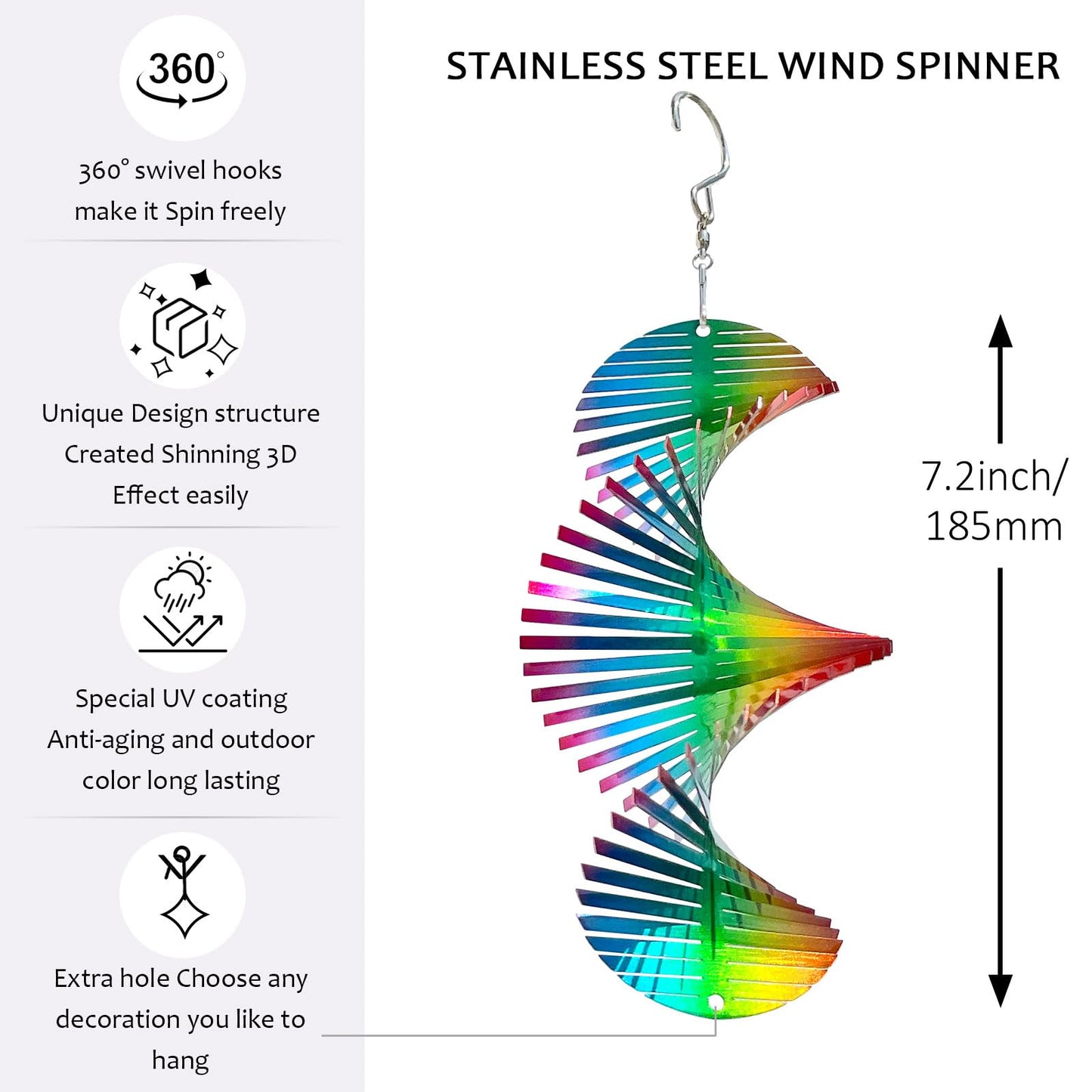 Aoedelyart Rainbow Wave Wind Spinners Outdoor Hanging Decor,7In Stainless Steel Reflective Wind Spinner Yard Art Wind Sculpture,Rainbow Helix Mini Wind Spinners for Yard and Garden Ornaments Gifts