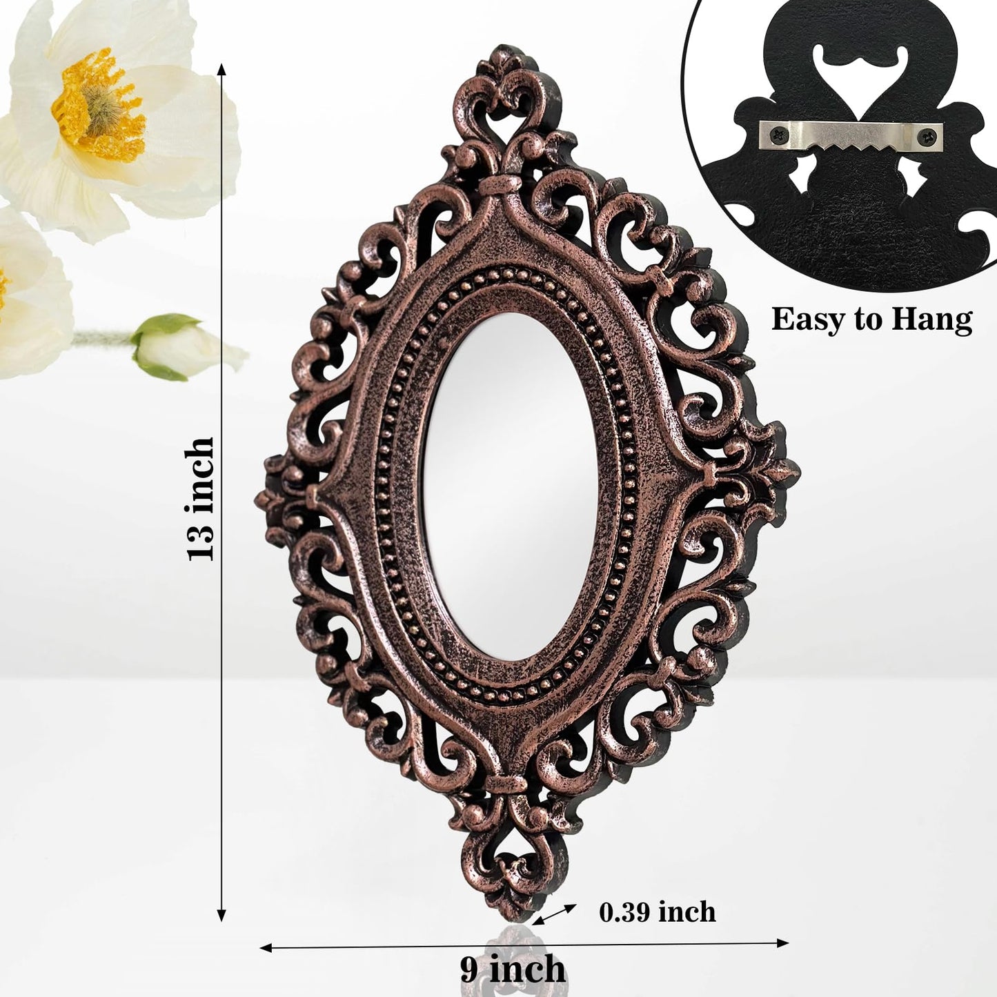 Cityelf 2 Set Oval Wood Carved Wall Mirror Baroque 3D Relief Rustic Home Decor Small Decorative Hanging Mirrors for Living Room, Bedroom Entrance Wall Sculpture