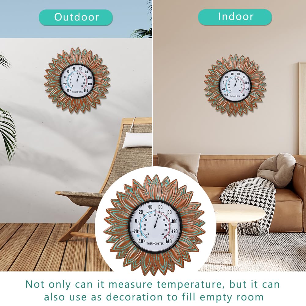 VEWOGIFT Sunflower Outdoor Thermometers, No Need Battery Indoor Themometer, 12" Metal Wall Thermometer with Large Number Easy to Read for Patio Room Decor