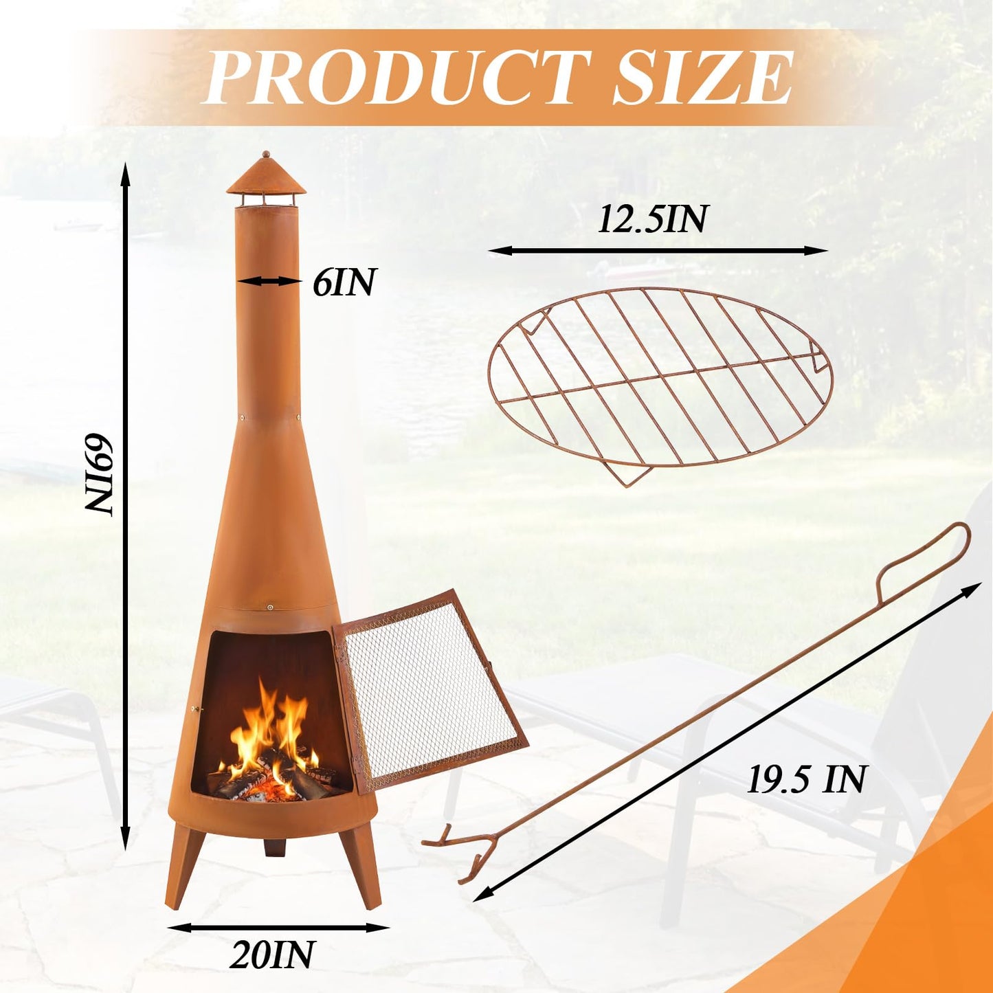 Ferrochef 70 Inch Country Outdoor Chiminea Fireplace Heavy-Duty Steel Wood-Burning Chiminea Fire Pit with Wire Mesh Cover