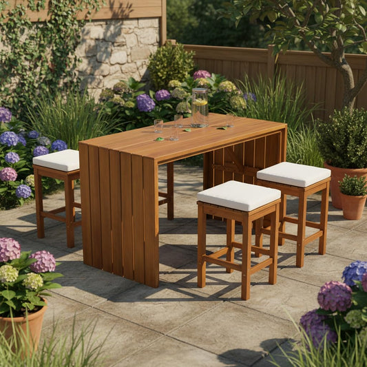 GDFStudio 5 Piece Outdoor Bar Table Set with 4 Stools, Patio Acacia Wood Bar Height Dining Furniture with Cushions, Natural Wood Counter Height Table & Chairs for Backyard, Balcony, Garden, Poolside